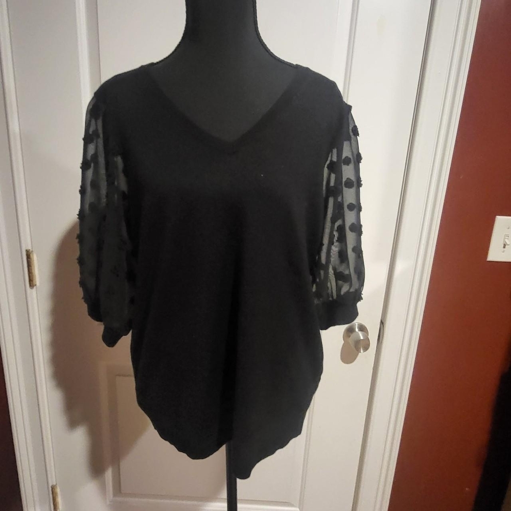 Adrianna Papell Black Top with Sheer Polka Dot Sleeves
